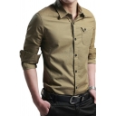 Mens Retro Shirt Pure Color Breast Pocket Turn-down Collar Slim Fitted Long Sleeve Shirt