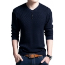 Men Leisure Pullover Solid Color V-Neck Button Embellish Long Sleeves Fitted Pullover