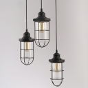 Black Metal Cage Industrial Living Room Pendant Clear Glass Shade 3-Bulb Hanging Lamp