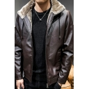 Men Thick Jacket Solid Fleece Lined Drawstring Hooded Zip Fly Slim Fit Leather Jacket