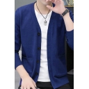 Leisure Men's Cardigan Pure Color V-Neck Long-Sleeved Single Breasted Slim Fitted Knit Cardigan with Pockets