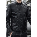 Soft Mens PU Jacket Solid Full Zip Pocket Design Long-sleeved Regular PU Jacket