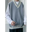 Chic Guy's Sweater Contrast Color Rib Hem V-Neck Sleeveless Regular Knitted Vest