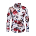 Casual Shirt Floral Printed Lapel Collar Long-Sleeved Slim Fitted Button Up Shirt for Men