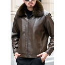 Men's Thermal Jacket Whole Colored Zip Closure Collar Loose Fit Long-sleeved PU Jacket