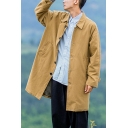 Fancy Coat Solid Color Lapel Collar Regular Long-Sleeved Button Placket Trench Coat for Guys
