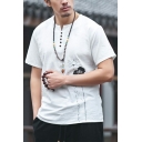 Mens Popular T-Shirt Lotus Printed Short-Sleeved Crew Neck Button Detail Fitted T-Shirt