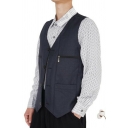 Men Vintage Suit Vest Pure Color Sleeveless V-Neck Button Closure Zip Pocket Detail Regular Fitted Vest