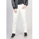 Street Look Guy's Pants Plain Mid Rise Long Length Slimming Zip Closure Leather Pants