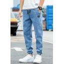 Leisure Solid Color Jeans Drawstring Elastic Waist Mid Rise Cuffed Straight Cut Men’s Jeans
