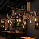 Black Iron Wheel Shape Chandelier Industrial 6 Bulb Dining Room Bar Pendant Light with Hemp Rope