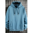 Simple Mens Drawstring Hoodie Plain Long Sleeve Rib Cuffs Loose Fitted Hoodie