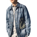 Casual Mens Jacket Color Block Long Sleeve Lapel Collar Button Placket Denim Jacket with Pockets