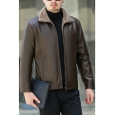 Simple Guys Jacket Pure Color Pocket Designed Lapel Collar Long-Sleeved Slimming Zip Fly PU Jacket