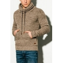 Men Vintage Drawstring Sweater Pure Color Long Sleeve High Collar Rib Cuffs Regular Fit Sweater with Pockets