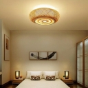 Beige Bamboo Weaving Round Flush Light Asia Style 1 Bulb Wood Ceiling Mount Lamp for Bedroom
