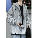 Men's Novelty Coat Geometric Printed Reflective Zip Closure Long Sleeve Hooded Oversized Coat