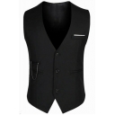 Casual Suit Vest Solid Color Sleeveless V-Neck Button Closure Pocket Detail Slim Fitted Vest for Men