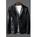 Popular Jacket Pure Color Button Closure Collar Pocket Long Sleeves Slimming Leather Jacket for Men