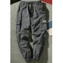 Vintage Guy's Tapered Pants Plain Flap Pocket Mid Rise Elasticated Waist Loose Cargo Pants