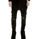 Hot Pants Solid Color Distressed Full Length Slimming Zip Placket Pants in Black for Men