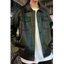Simple Jacket Pure Color Button Detailed Pocket Turn-down Collar Relaxed PU Jacket for Guys