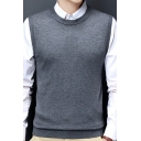 Boyish Vest Pure Color Round Neck Regular Fitted Sleeveless Knitted Vest for Men