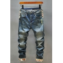 Retro Embroidery Spliced Jeans Multi-Pockets Zip Closure Rolled Cuffs Slim Cut Jeans for Mens