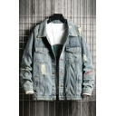 Cool Mens Jacket Pure Color Ripped Pocket Button Fly Long Sleeves Baggy Denim Jacket