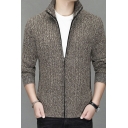 Guys Comfy Cardigan Plain Zipper Fly Stand Collar Fitted Long Sleeves Cardigan