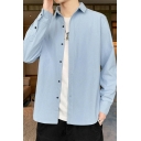 Vintage Shirt Pure Color Lapel Collar Regular Fitted Long Sleeve Button Down Shirt for Guys