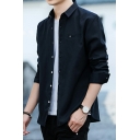 Leisure Mens Shirt Pure Color Long Sleeves Spread Collar Button Closure Breast Pocket Slim Fitted Shirt