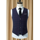 Fashion Suit Waistcoat Plaid Pattern V-Neck Sleeveless Slimming Button Closure Suit Vest for Guys