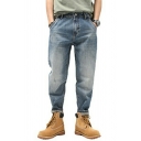 Men Fashionable Denim Pants Solid Color Zip Closure Pocket Detail Slim Fitted Denim Pants