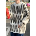 Fashion Pullover Line Pattern Long Sleeves Crew Neck Rib Hem Relaxed Fit Pullover for Men
