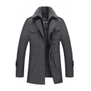 Men Warm Coat Pure Color Button-up Pocket Detail Collar Regular Fitted Long Sleeves Coat