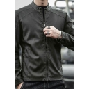 Vintage Mens Coat Plain Stand Collar Front Pocket Long Sleeve Relaxed Fit Zip Placket Leather Coat