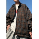 Elegant Guys Coat Plaid Pattern Stand Collar Long-sleeved Zip Placket Baggy Coat