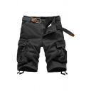 Popular Mens Pure Color Shorts Zip Placket Flap Pocket Straight Fitted Cargo Shorts