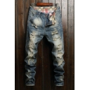 Men Street Style Denim Pants Plain Zip Closure Shredded Pocket Detail s Fitted Denim Pants