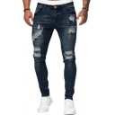 Street Style Jeans Destroyed Design Zip Fly Pockets Detailed Slim Cut Jeans for Guys