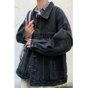 Trendy Jacket Pure Colo Spread Collar Chest Pockets Distressed Loose Fit Denim Jacket for Men