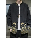 Urban Mens Coat Cloud Embroidery Print Long Sleeve Stand Collar Relaxed Coat