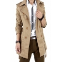 Edgy Trench Coat Plain Double Breasted Pocket Belt Design Slimming Long Sleeve Trench Coat for Guys