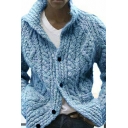 Mens Street Style Cardigan Solid Color Knitted Long Sleeved Regular Fit Lapel Collar Button Placket Cardigan