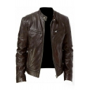 Fancy Men Coat Plain Pocket Designed Stand Collar Long Sleeve Regular Zip Closure Leather Coat
