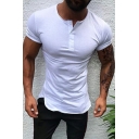 Simple Tee Top Solid Color Button Detailed Short Sleeves Curved Hem Tee Top for Guys