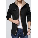 Thermal Men's Coat Whole Colored Stand Collar Fleece Lined Button-up Long Sleeve Fitted Coat