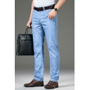 Leisure Solid Color Jeans Zip Closure Side Pockets Mid-Rise Straight Cut Jeans for Men