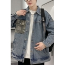 Fancy Mens Denim Jacket Color Block Flap Pocket Button up Long Sleeves Turn down Collar Fitted Jacket